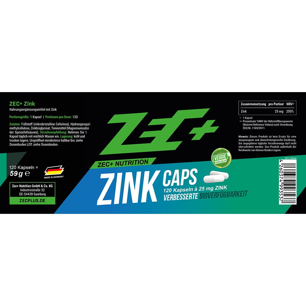 Etikett des Zink Caps Behälters mit Produktinformationen, "Made in Germany" und Barcode.