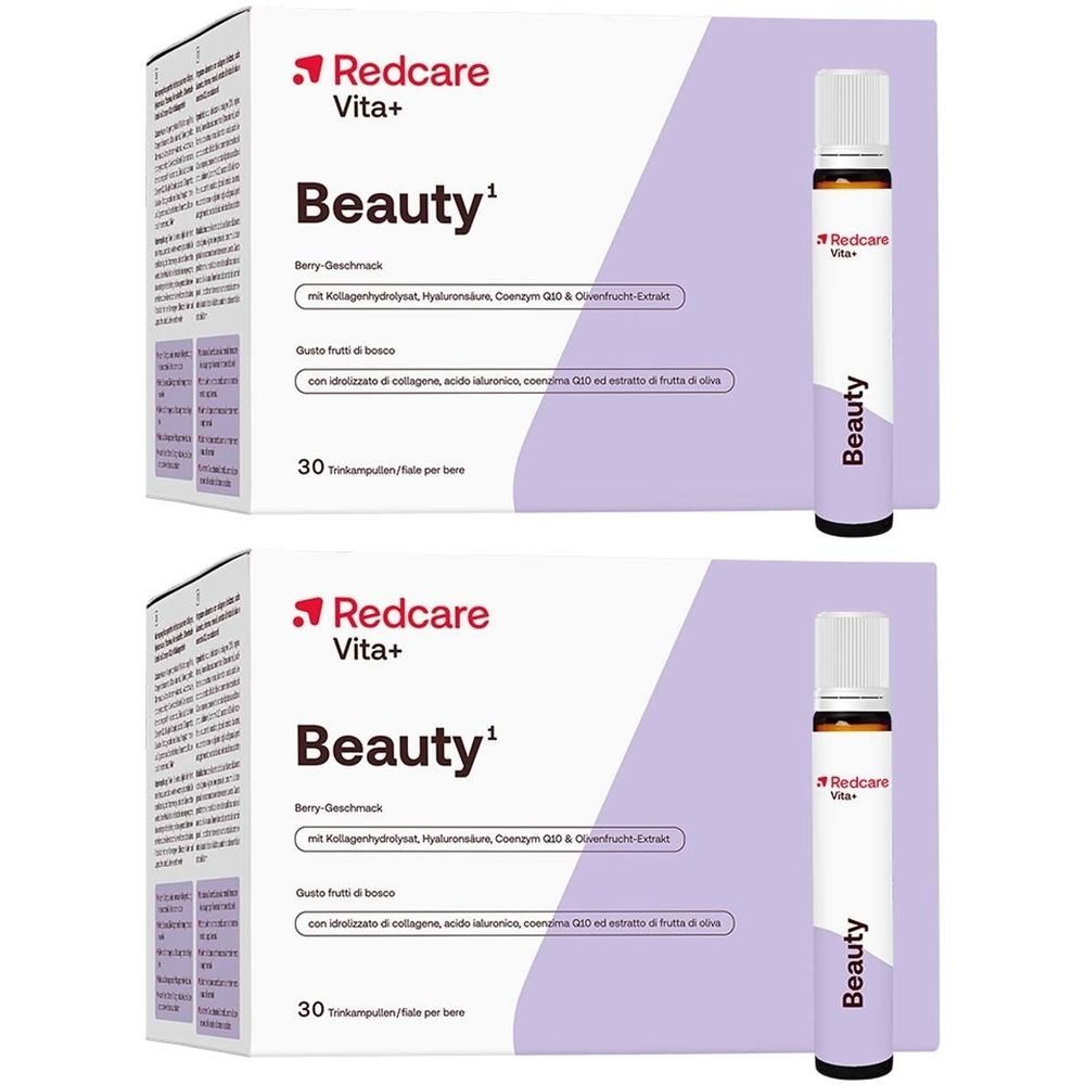 Zwei Packungen und zwei Ampullen Redcare Vita+ Beauty. Aufschrift: Beauty, 30 Ampullen. Flaschen mit brauner Flüssigkeit.