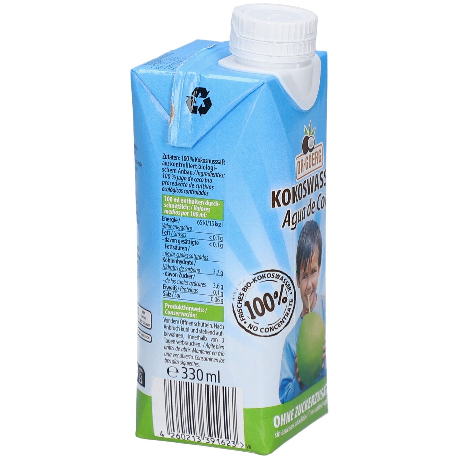 Rückseite der Kokoswasser-Verpackung. Zutatenliste, Nährwertangaben, 330ml. Aufschrift: DR. GOERG, KOKOSWASSER, Agua de Coco. Vegan.