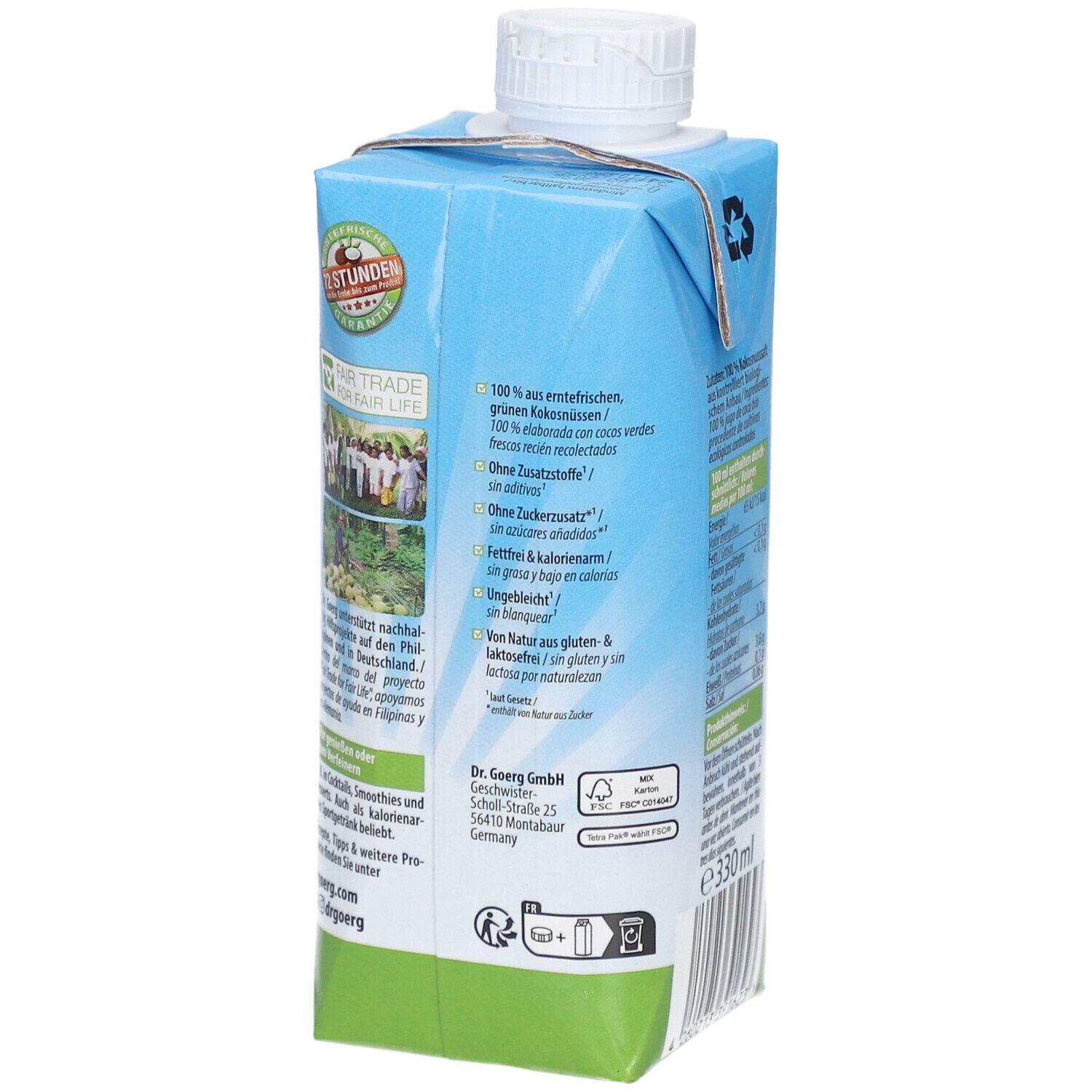 Seite der Kokoswasser-Verpackung. Text über nachhaltige Produktion, Bio-Siegel. Aufschrift: DR. GOERG. 330ml.
