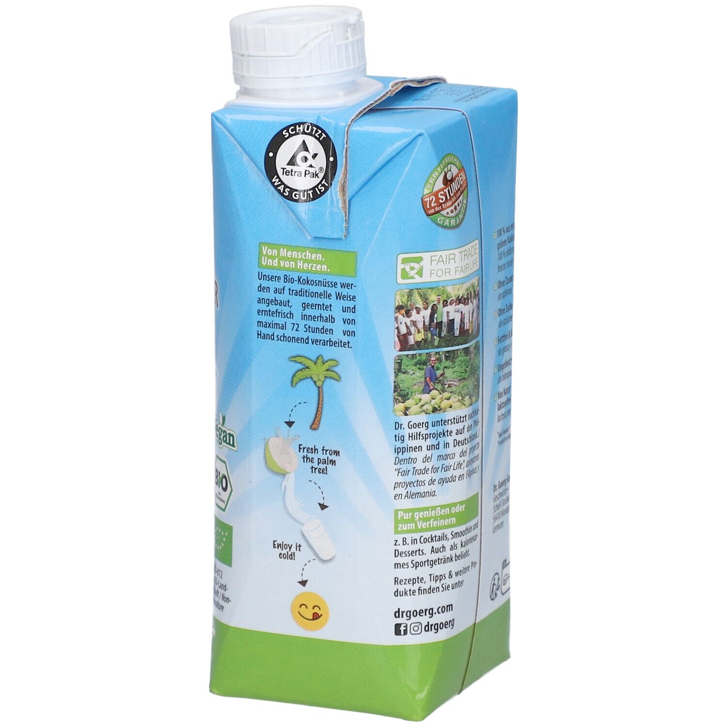Seite der Kokoswasser-Verpackung. Text über Verarbeitung, Fair Trade. Aufschrift: DR. GOERG. Tetra Pak-Logo. 330ml.