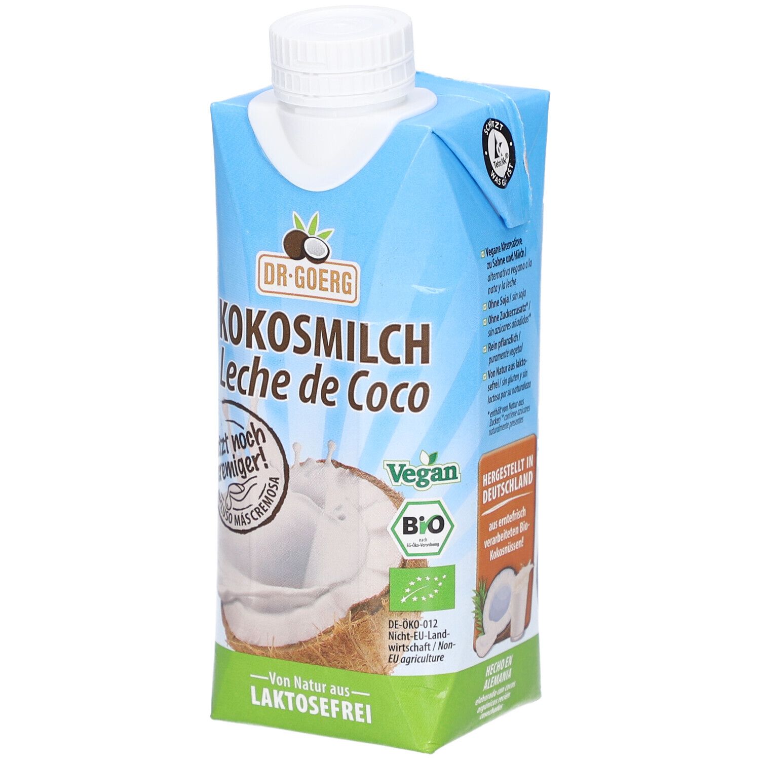 Karton mit Kokosmilch. Aufschrift: Kokosmilch, Laktosefrei, Vegan, Bio-Siegel. Abbildung einer Kokosnuss.