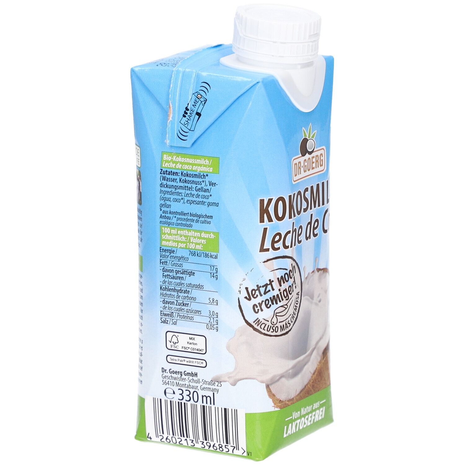 Karton mit Kokosmilch. Aufschrift: Kokosmilch, Laktosefrei, Vegan, Bio-Siegel. Nährwertangaben und Zutatenliste.