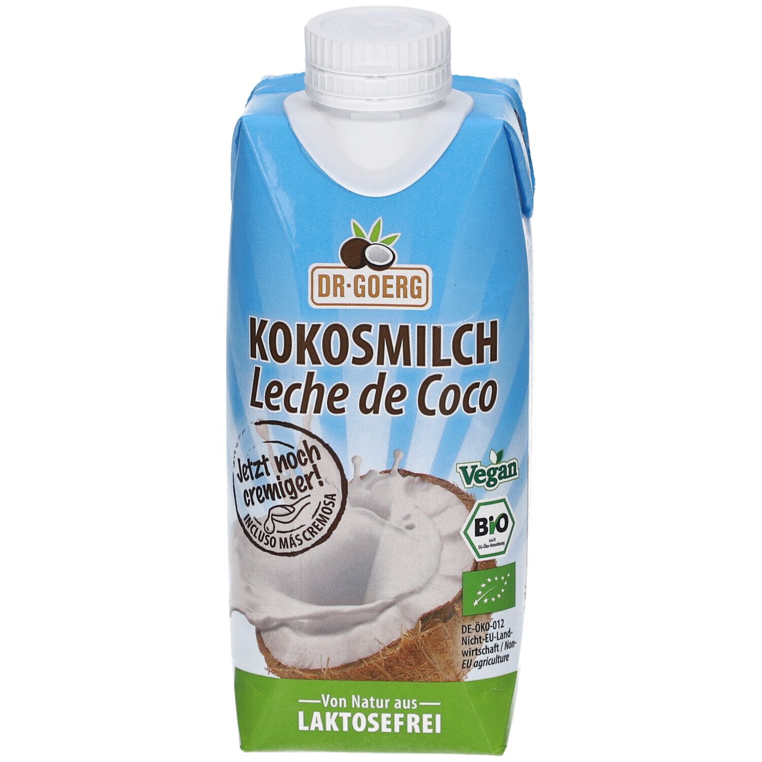 Karton mit Kokosmilch. Aufschrift: Kokosmilch, Laktosefrei, Vegan, Bio-Siegel. Abbildung einer Kokosnuss.