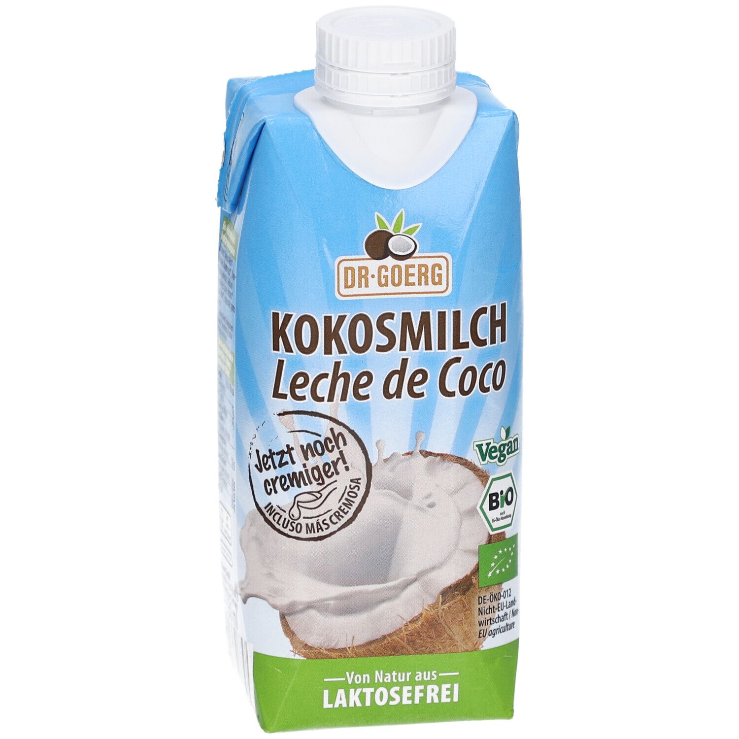 Karton mit Kokosmilch. Aufschrift: Kokosmilch, Laktosefrei, Vegan, Bio-Siegel. Abbildung einer Kokosnuss.