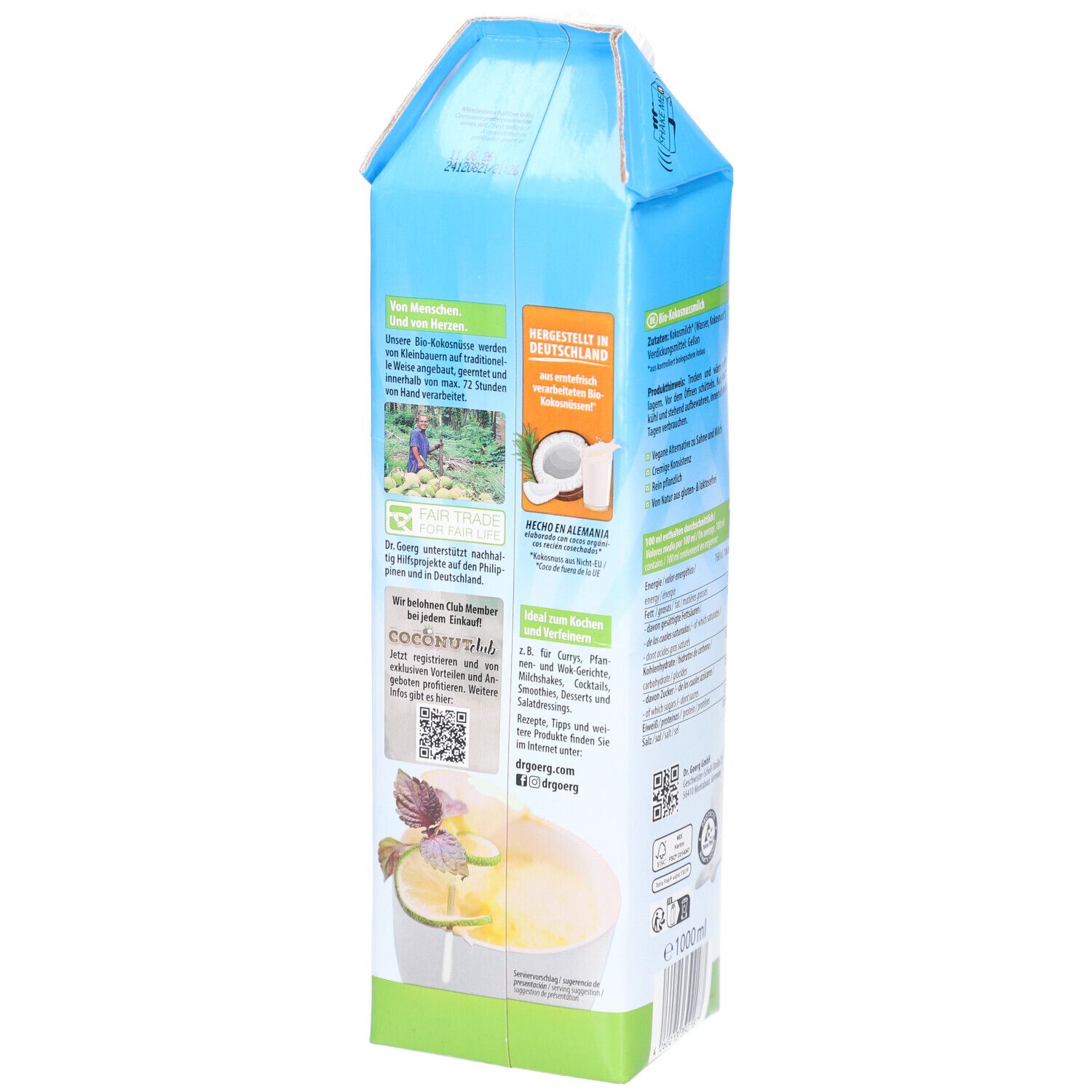Rückseite der Kokosmilch-Verpackung. Informationen über Herstellung, Zutaten, QR-Code. Bio-Siegel. 1000 ml.