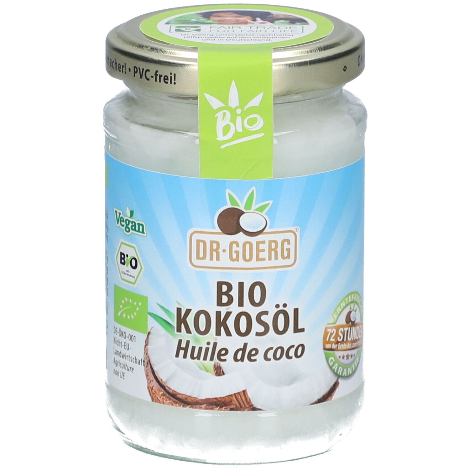 Glas mit Bio-Kokosöl. Aufkleber mit Logo, Produktname und Zertifizierungen. Deckel mit grünem Aufkleber.