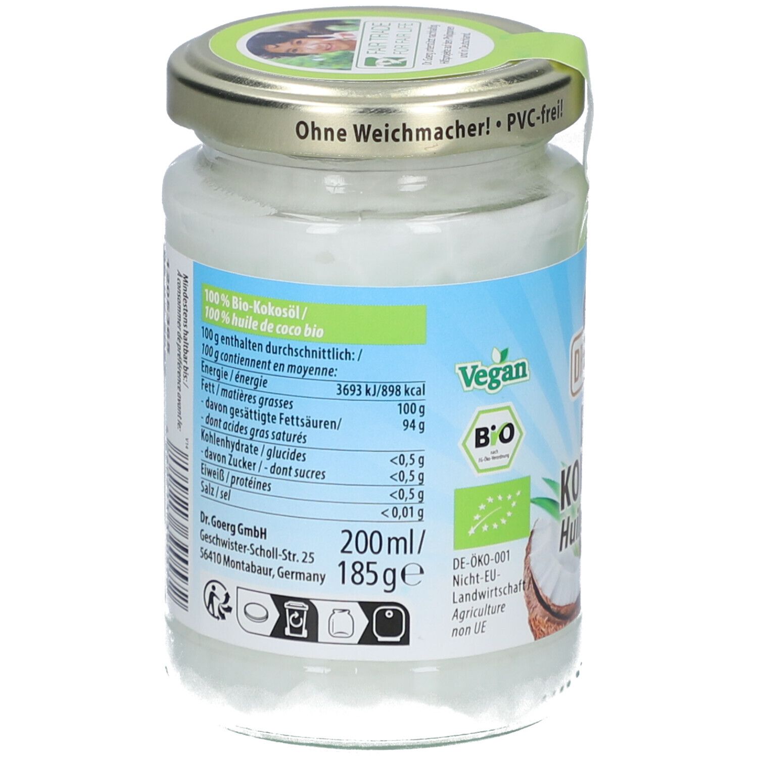 Rückseite des Glases mit Bio-Kokosöl. Nährwertangaben, Inhaltsstoffe und Zertifizierungen. 200ml/185g.