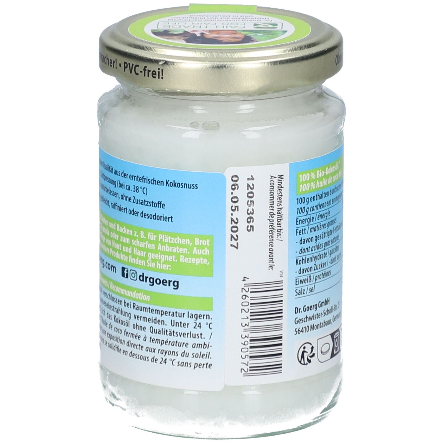 Rückseite des Glases mit Bio-Kokosöl. Mindesthaltbarkeitsdatum, Barcode und Herstellerinformationen.
