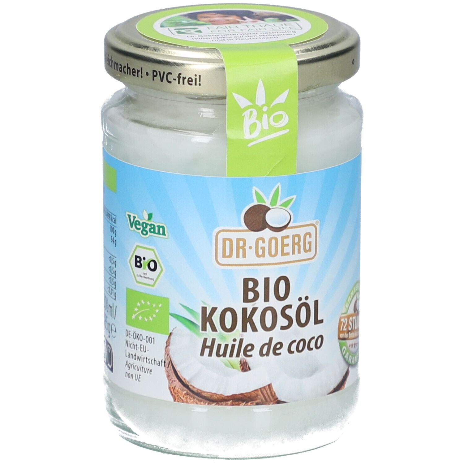 Glas mit Bio-Kokosöl. Aufkleber mit Logo, Produktname und Zertifizierungen. Deckel mit grünem Aufkleber.