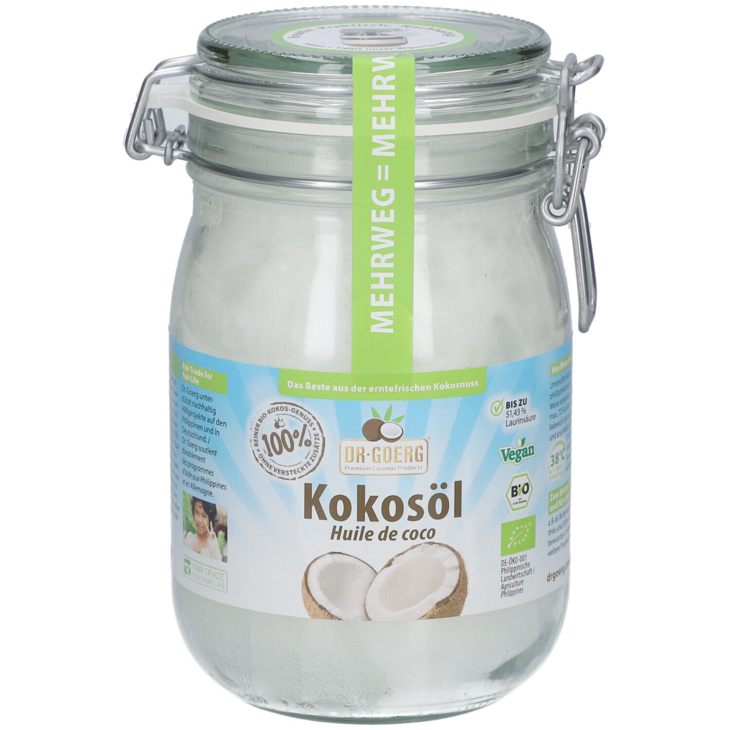 Glas mit Kokosöl, grünes Etikett mit Schriftzug. Deckel mit Metallverschluss. Aufschrift: Kokosöl, Bio, Vegan.