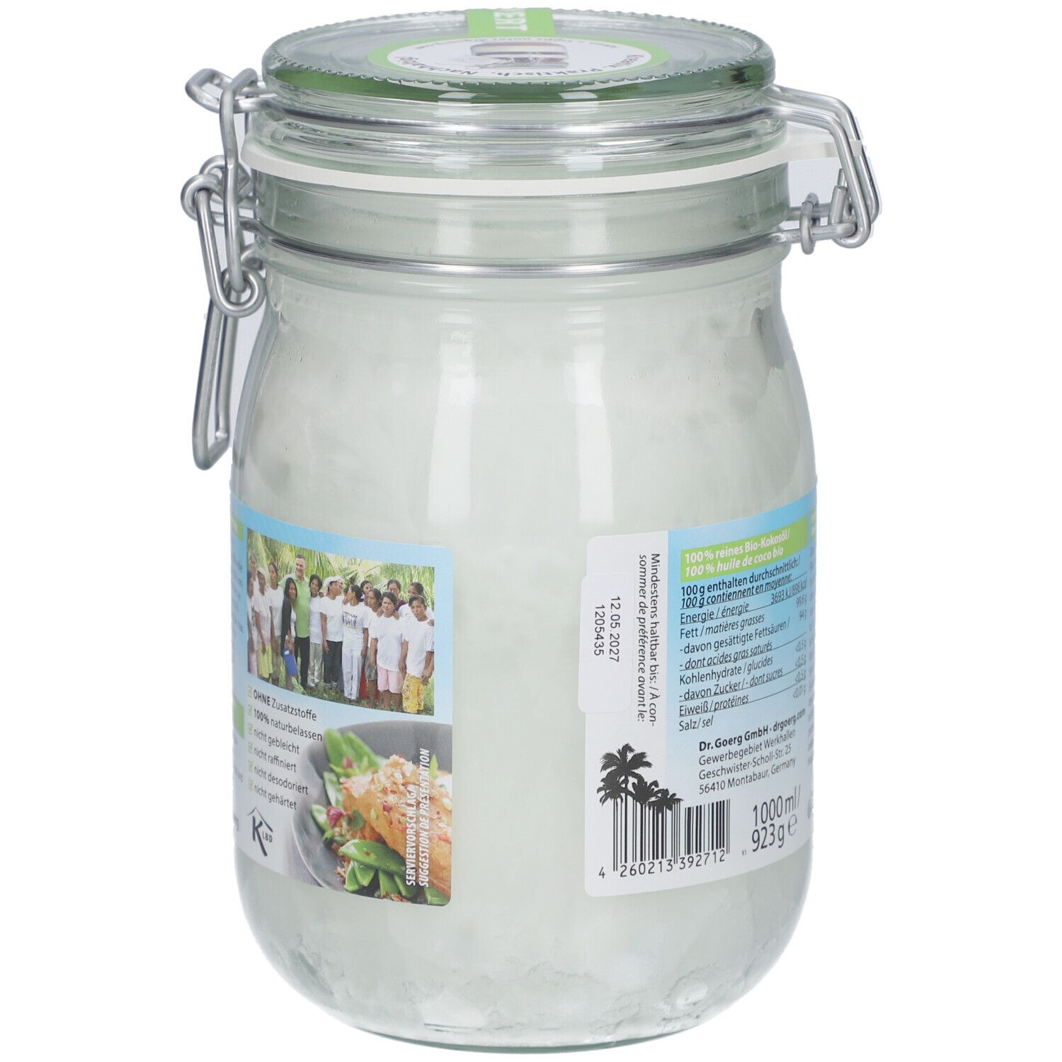 Glas mit Kokosöl, Rückseite mit Etikett. Metallverschluss. Aufschrift: 1000ml/923g. Barcode.
