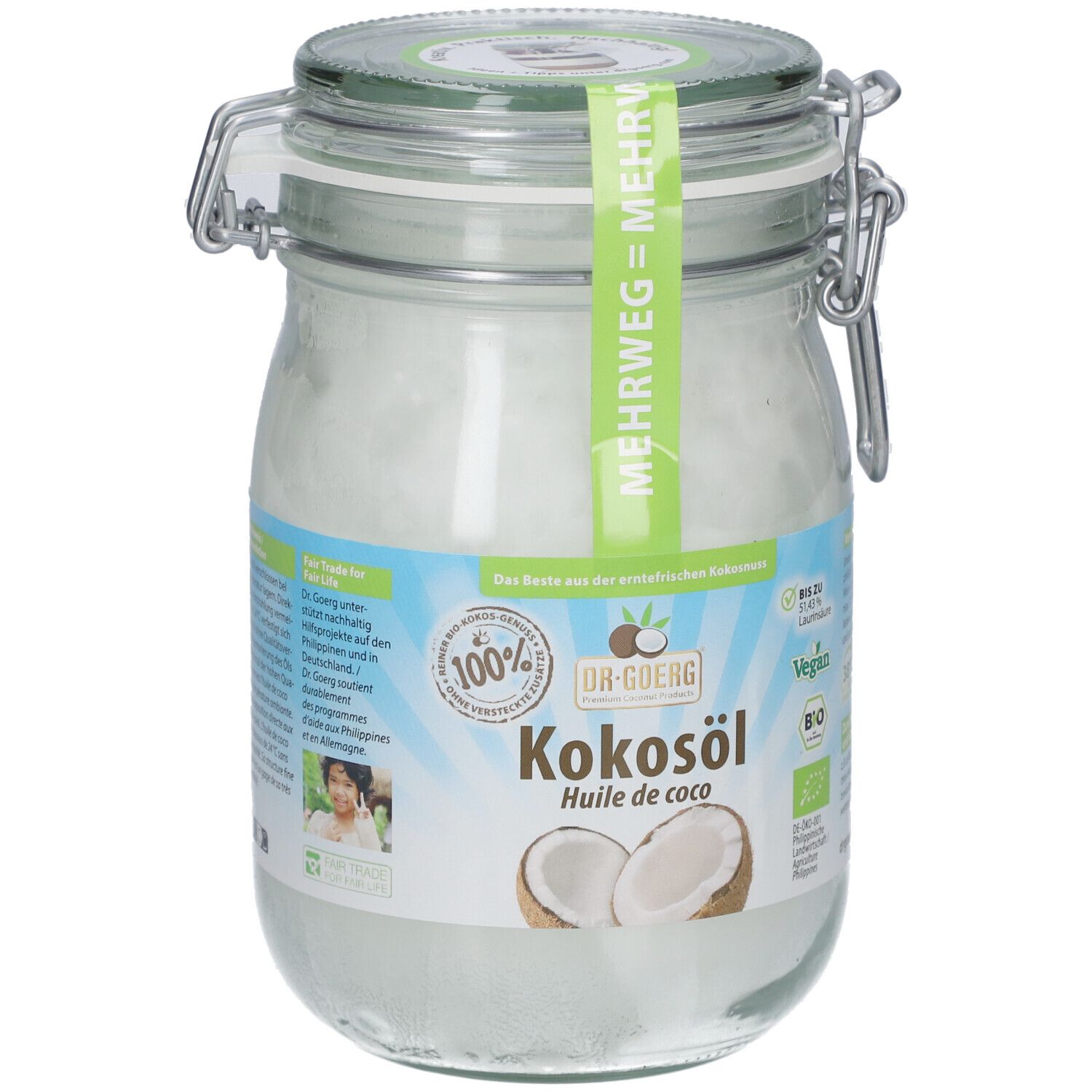 Glas mit Kokosöl, grünes Etikett mit Schriftzug. Deckel mit Metallverschluss. Aufschrift: Kokosöl, Bio, Vegan.