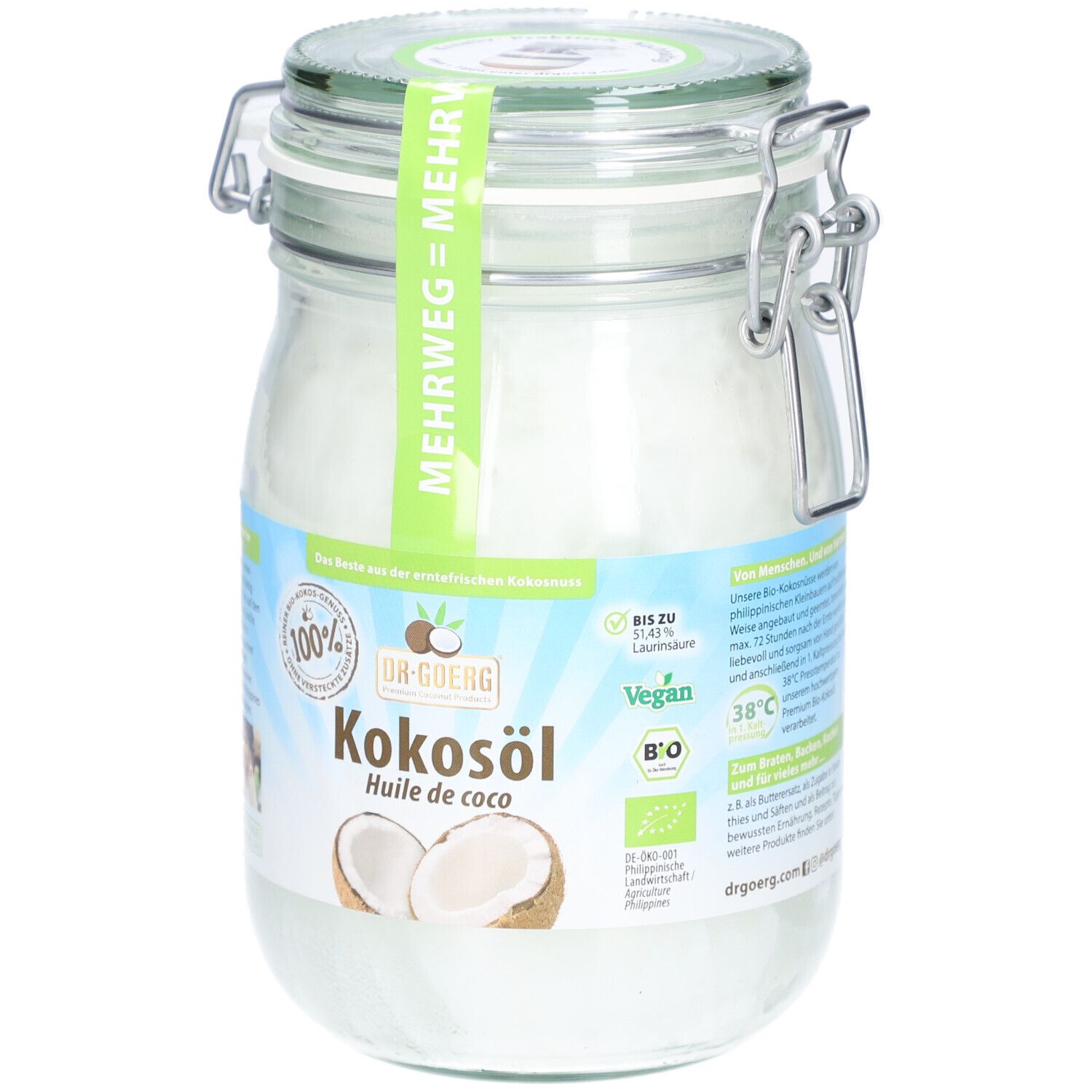Glas mit Kokosöl, Etikett mit Text und Logo. Metallverschluss. Aufschrift: Kokosöl, Bio, Vegan, 38°C.