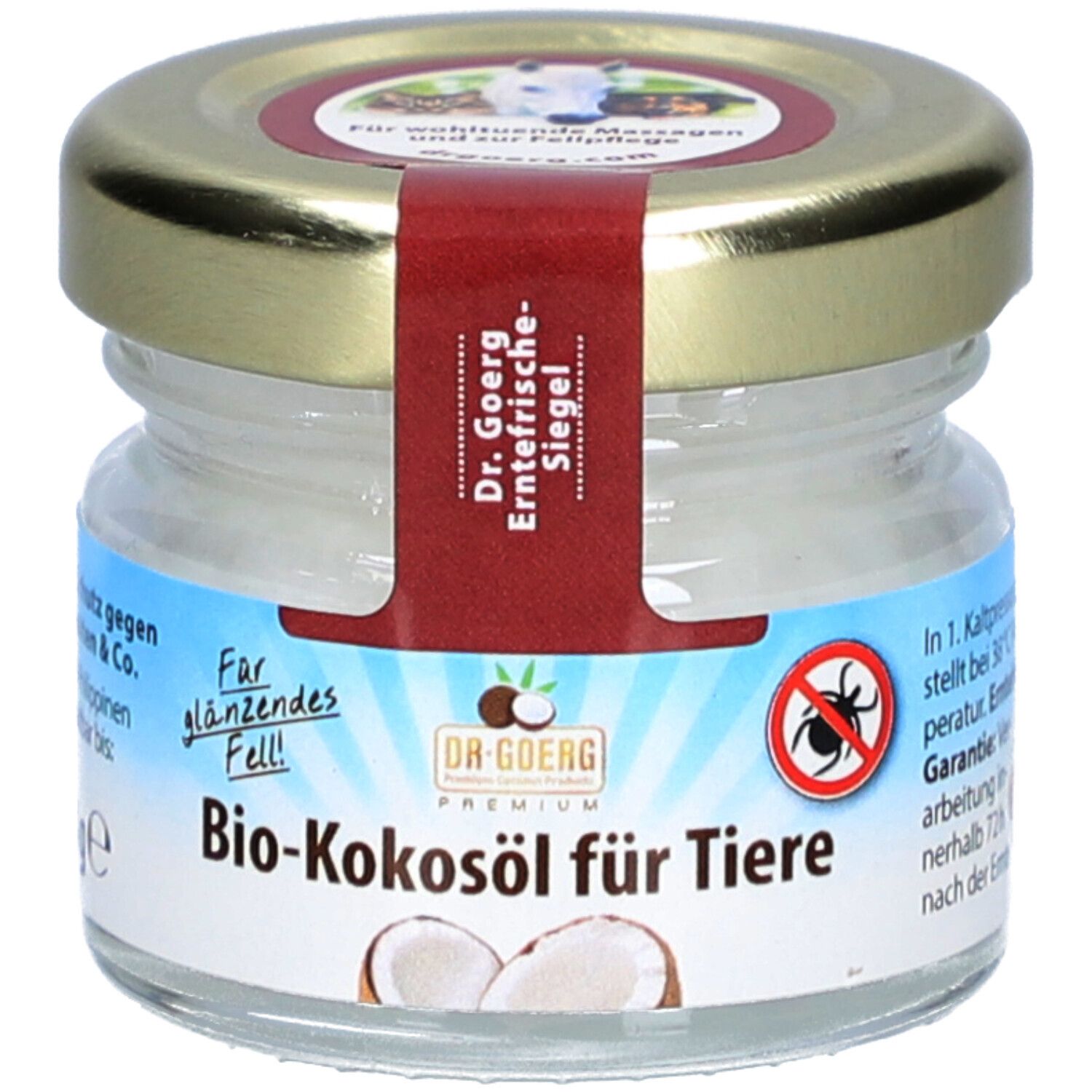 Glas mit Bio-Kokosöl für Tiere. Deckel mit rotem Siegel. Aufschrift: Bio-Kokosöl für Tiere. Kokosnuss-Abbildung.