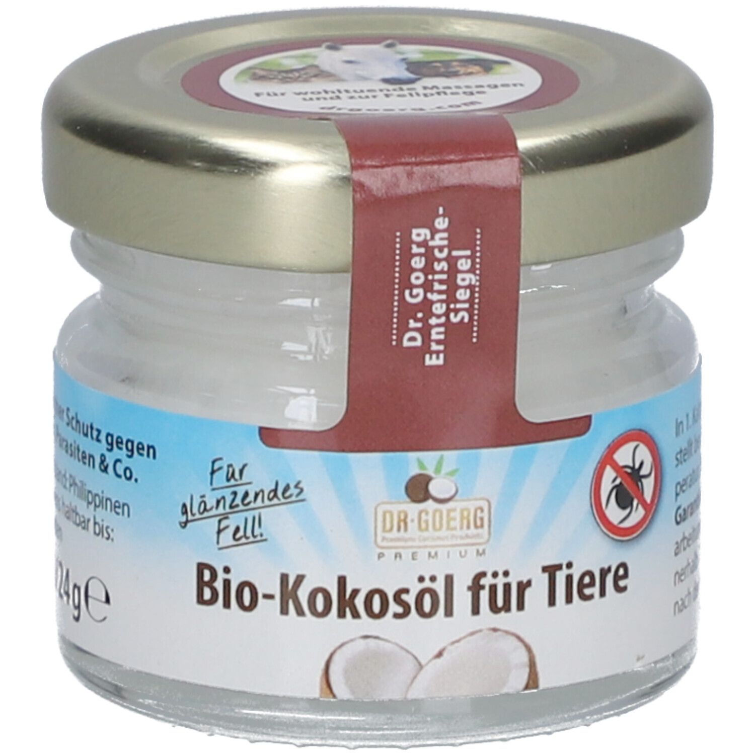 Glas mit Bio-Kokosöl für Tiere. Rotes Siegel mit Text: Dr. Goerg Erntefrische Siegel. Aufschrift: Bio-Kokosöl für Tiere. Kokosnuss-Abbildung.