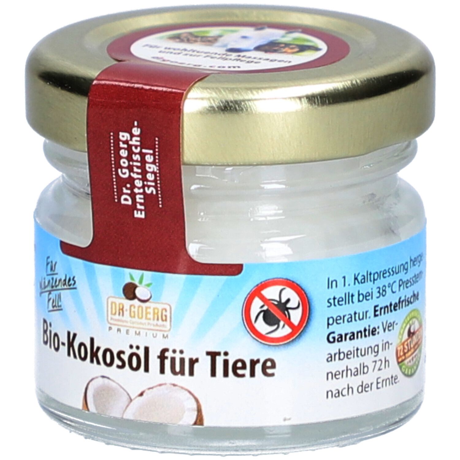 Glas mit Bio-Kokosöl für Tiere. Rotes Siegel mit Text: Dr. Goerg Erntefrische Siegel. Aufschrift: Bio-Kokosöl für Tiere. Abbildung Zecke.