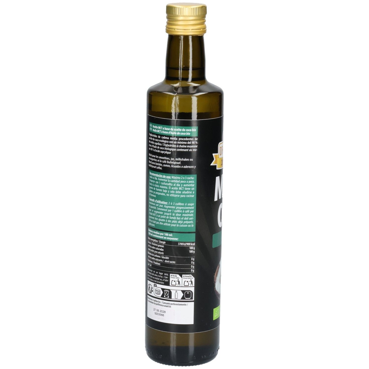 Braune Glasflasche. Auf der Seite Text und Nährwertangaben. Bio-Siegel und andere Logos.