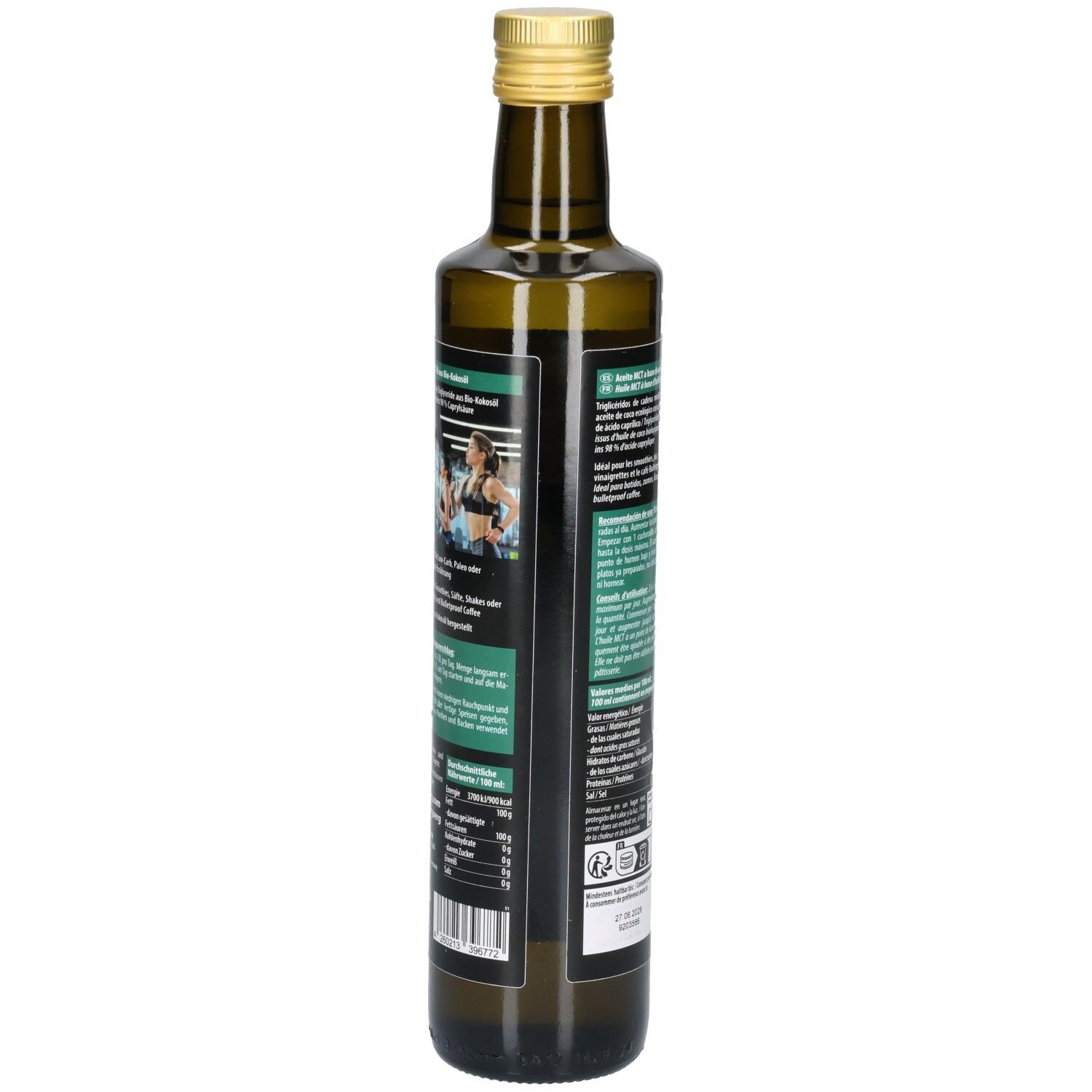Braune Glasflasche. Auf der Seite Text und eine Frau beim Training. Bio-Siegel und andere Logos.