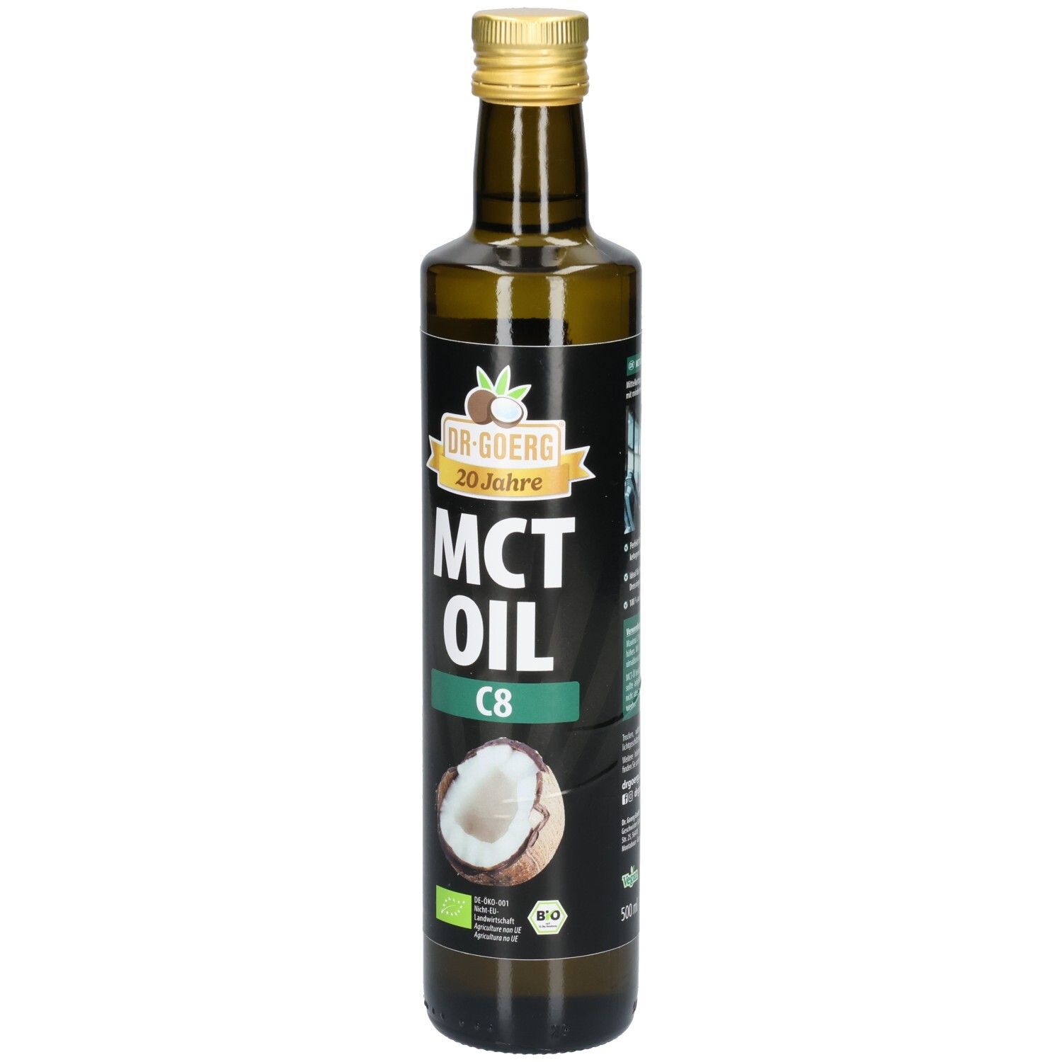 Braune Glasflasche mit goldenem Deckel. Aufschrift: MCT OIL C8. Logo mit Kokosnuss und Bio-Siegel.