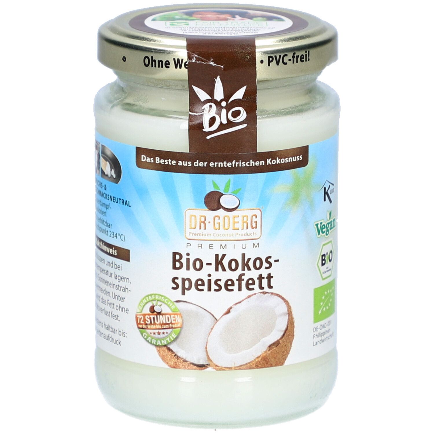 Glas mit Bio-Kokos-Speisefett. Deckel mit Aufschrift 'Bio'. Auf dem Etikett: 'Dr. Goerg', Kokosnuss-Illustration, 'Vegan'.