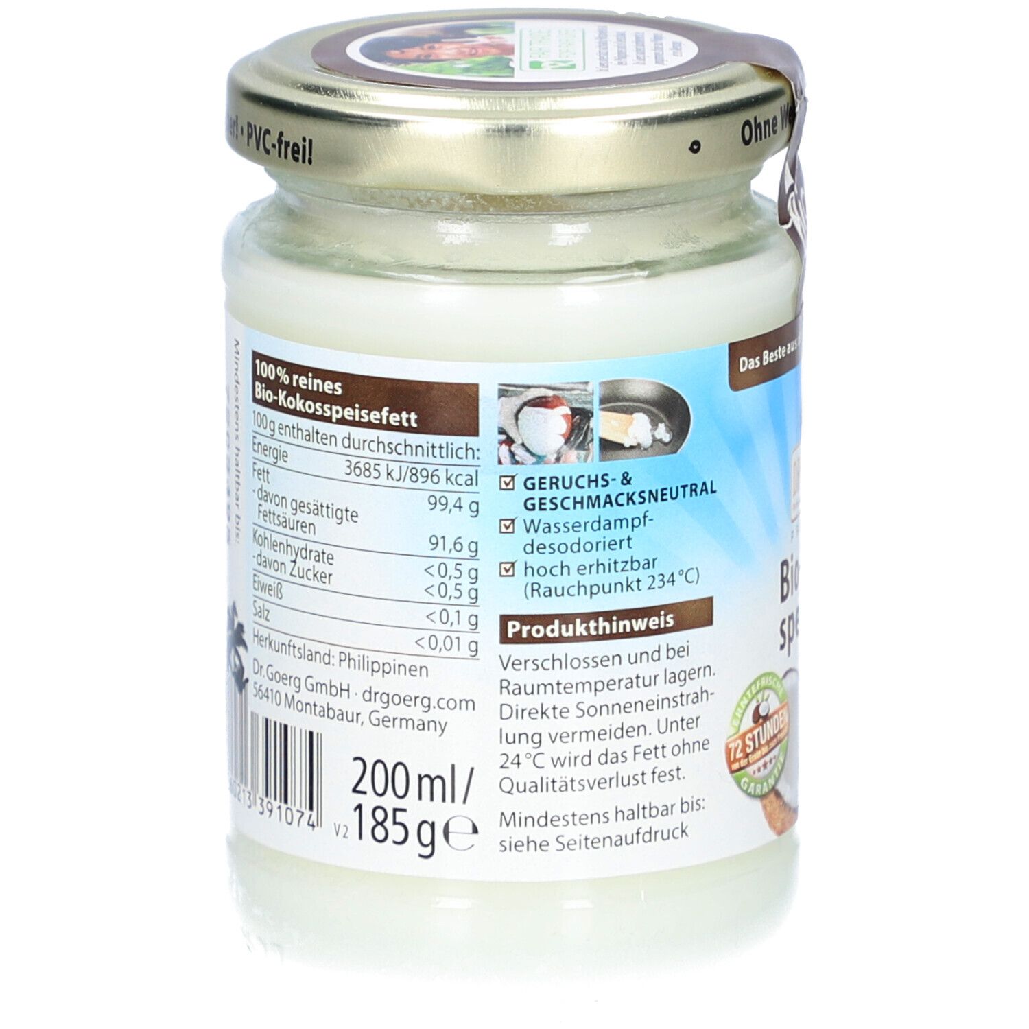 Rückseite des Glases mit Nährwertangaben und 'Geruchs- & Geschmacksneutral'. '200ml/185g'. Herkunftsland: Philippinen. Mindesthaltbarkeit.