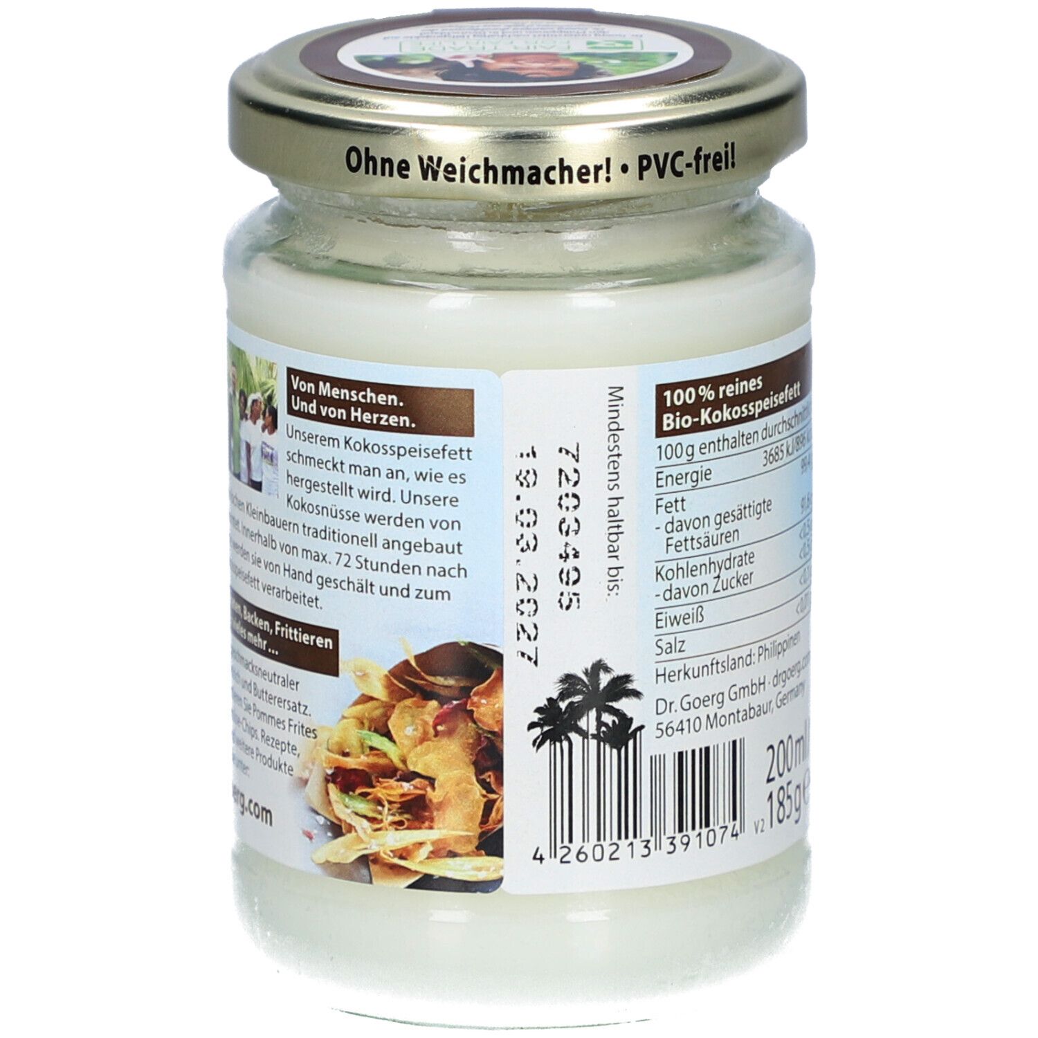 Rückseite des Glases mit Text über die Herstellung und einem Barcode. Mindesthaltbarkeit. '200ml/185g'. Herkunftsland: Philippinen.