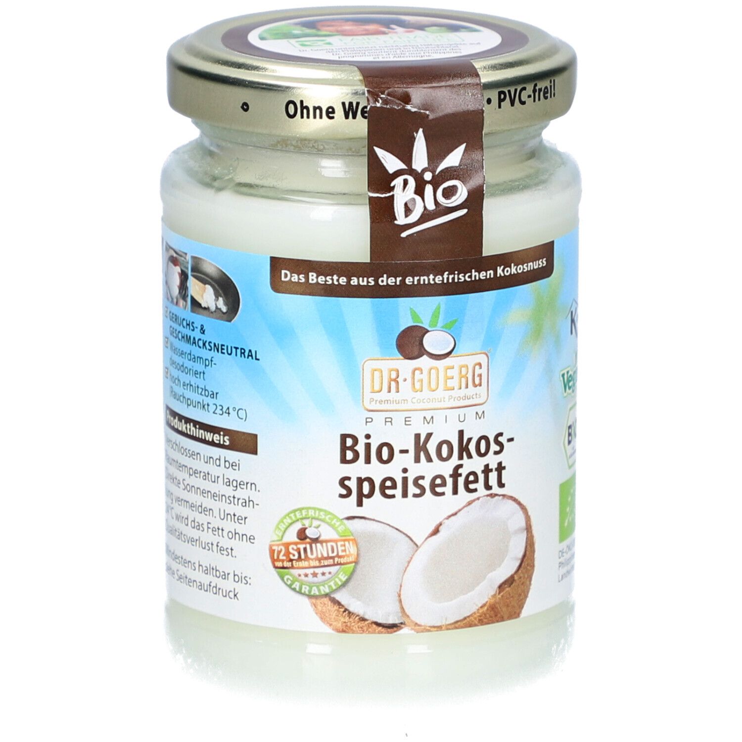 Glas mit Bio-Kokos-Speisefett. Deckel mit Aufschrift 'Bio'. Auf dem Etikett: 'Dr. Goerg', Kokosnuss-Illustration, 'Vegan'.