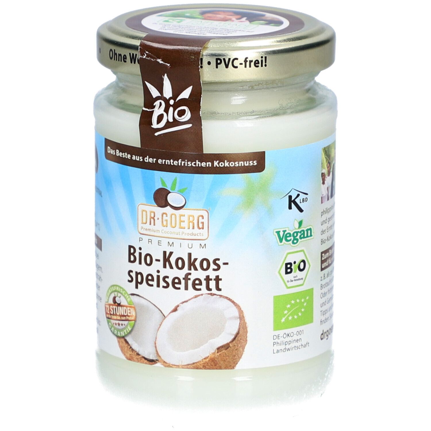 Glas mit Bio-Kokos-Speisefett. Deckel mit Aufschrift 'Bio'. Auf dem Etikett: 'Dr. Goerg', Kokosnuss-Illustration, 'Vegan'.