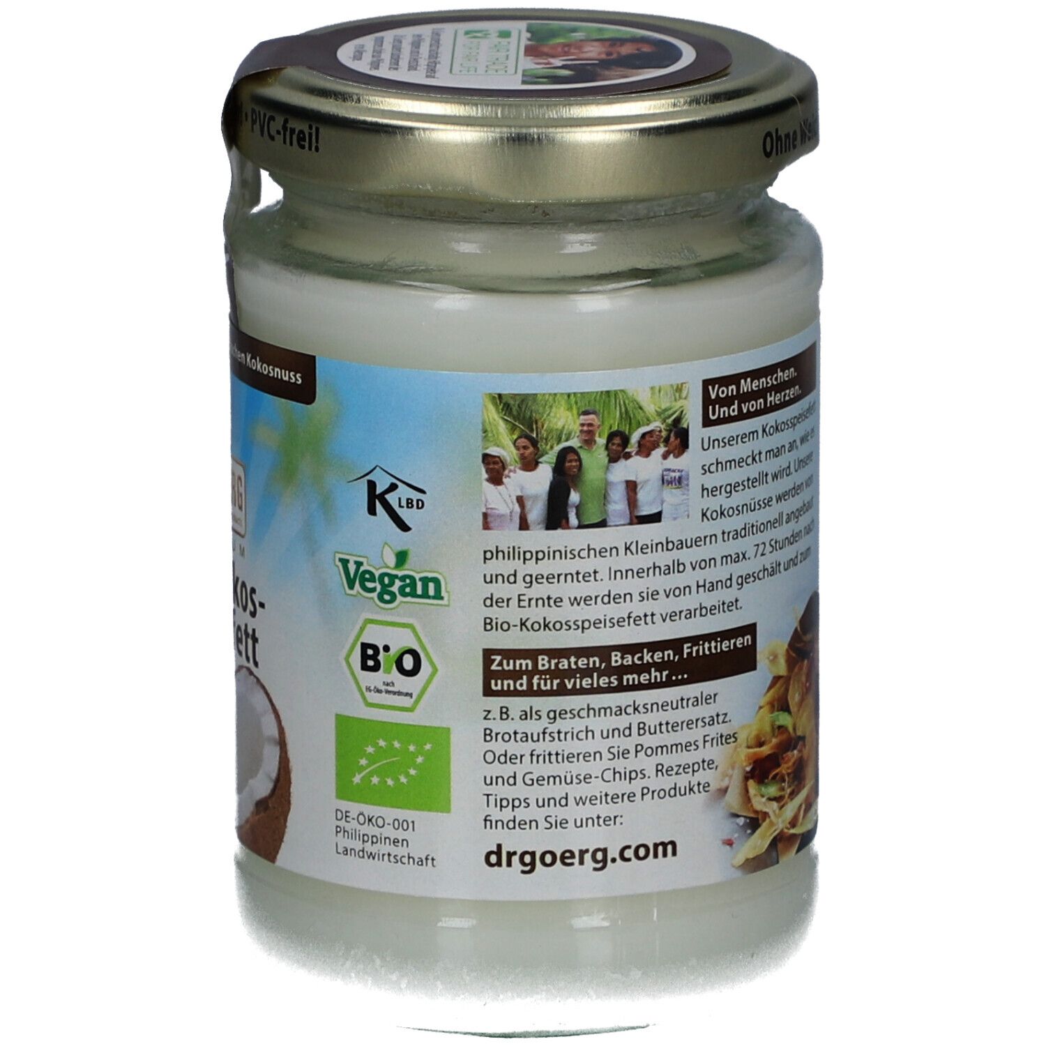 Rückseite des Glases mit Text über die Herstellung, 'Vegan' und Bio-Siegel. '200ml/185g'. drgoerg.com.