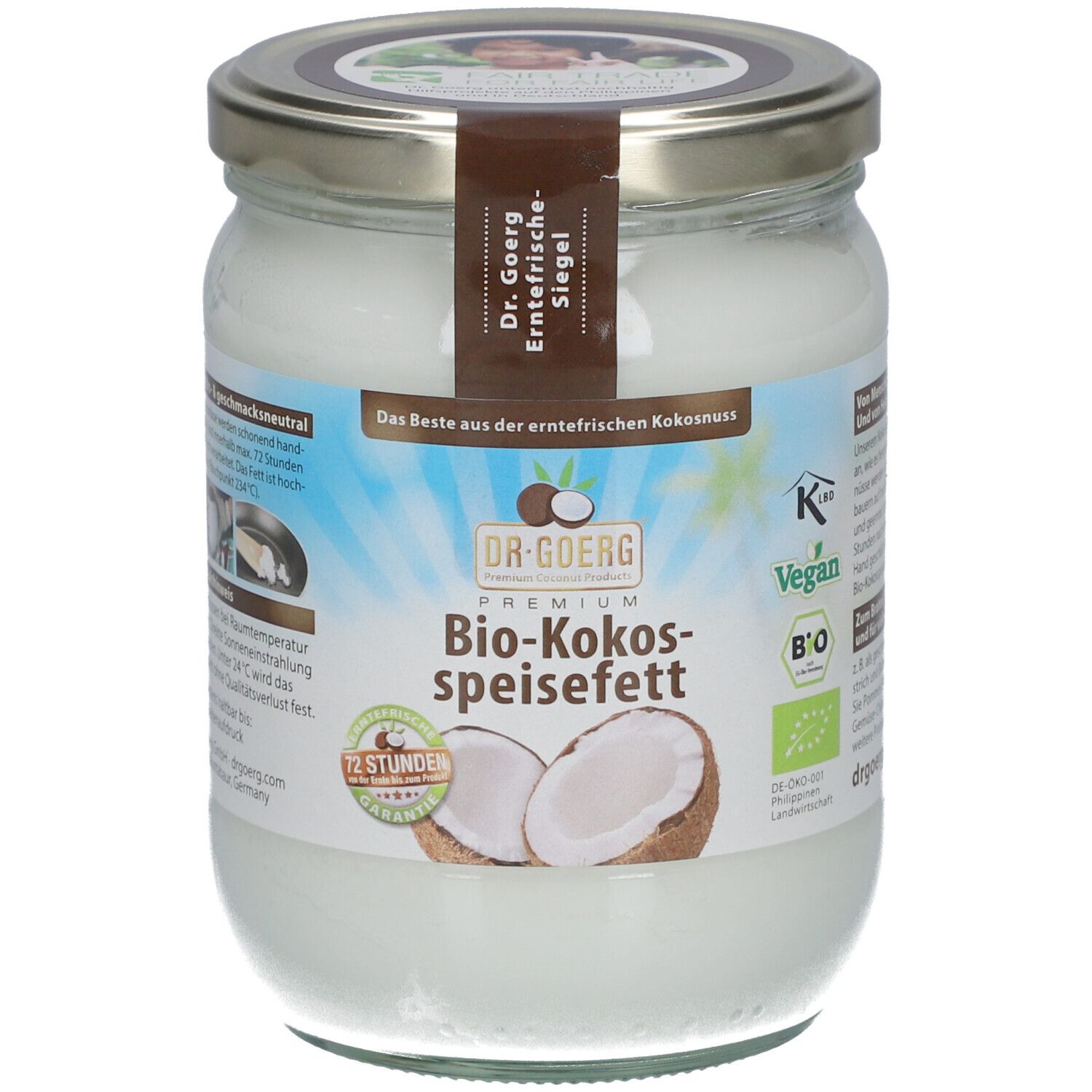 Glas mit Bio-Kokos-Speisefett. Aufkleber mit Produktinformationen und Logo. Deckel aus Metall. Kokosnuss-Illustration.