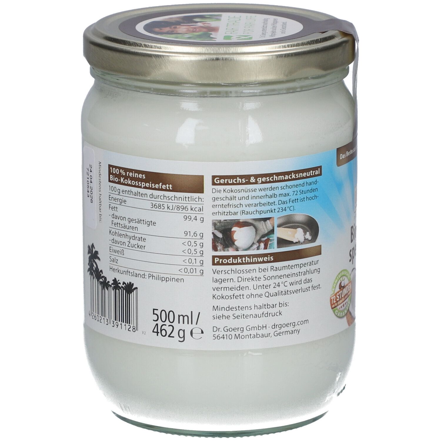 Rückseite des Glases mit Bio-Kokos-Speisefett. Nährwertangaben, Herkunftsland Philippinen. Barcode und Produktinformationen.