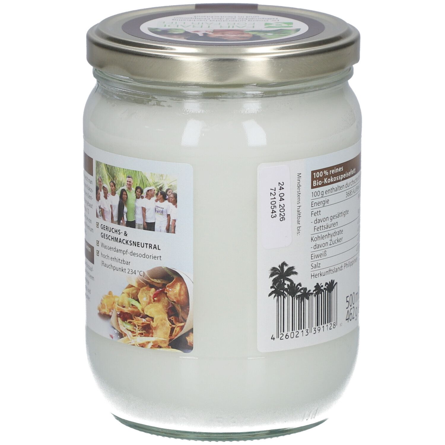 Seite des Glases mit Bio-Kokos-Speisefett. Informationen zu Geruch und Geschmack. Mindesthaltbarkeitsdatum. Barcode.