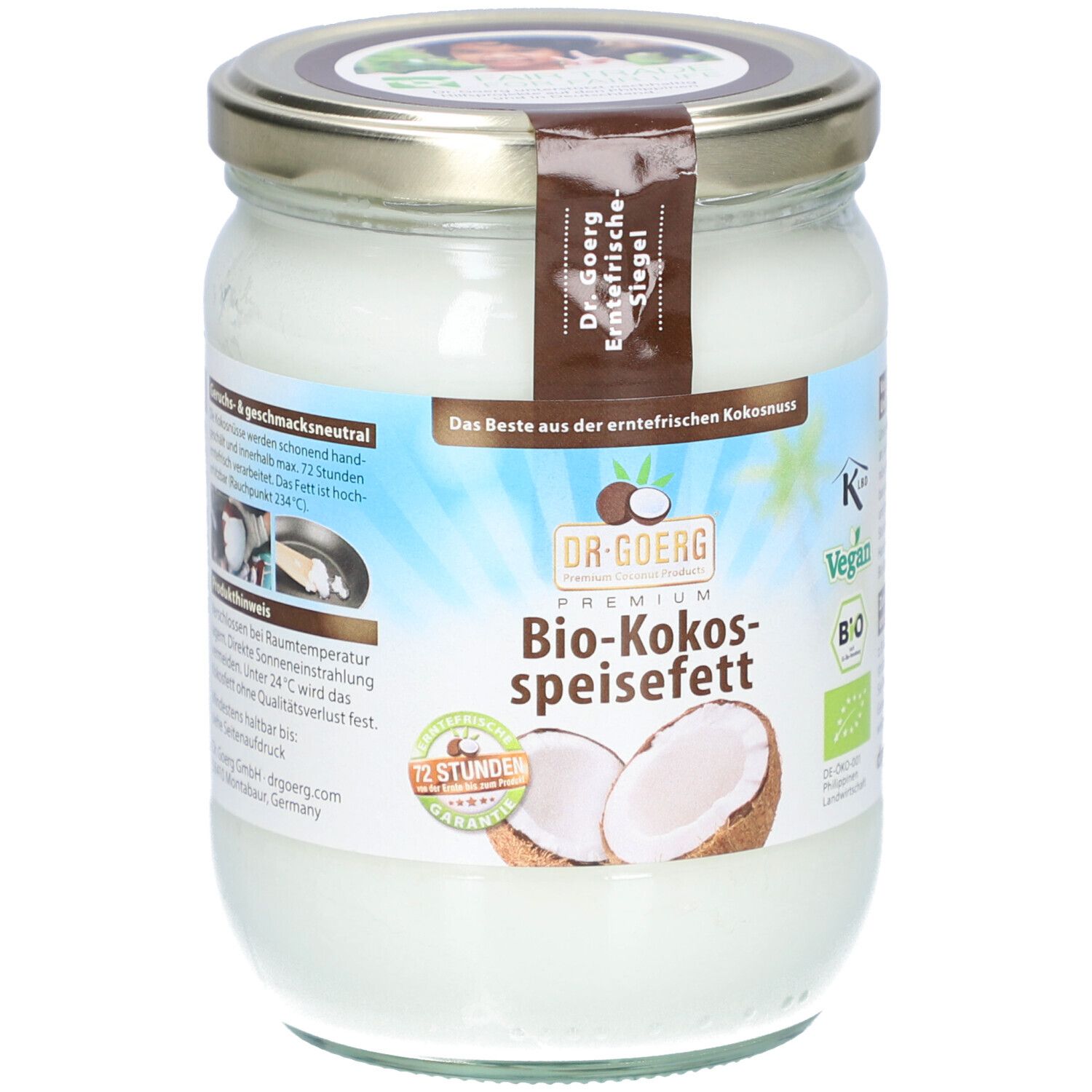 Glas mit Bio-Kokos-Speisefett. Aufkleber mit Produktinformationen und Logo. Deckel aus Metall. Kokosnuss-Illustration.