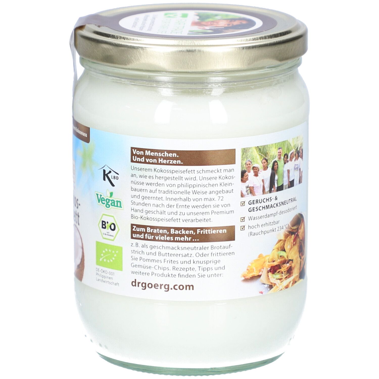 Seite des Glases mit Bio-Kokos-Speisefett. Informationen zu Geruch und Geschmack. Text über Herstellung. Logo.