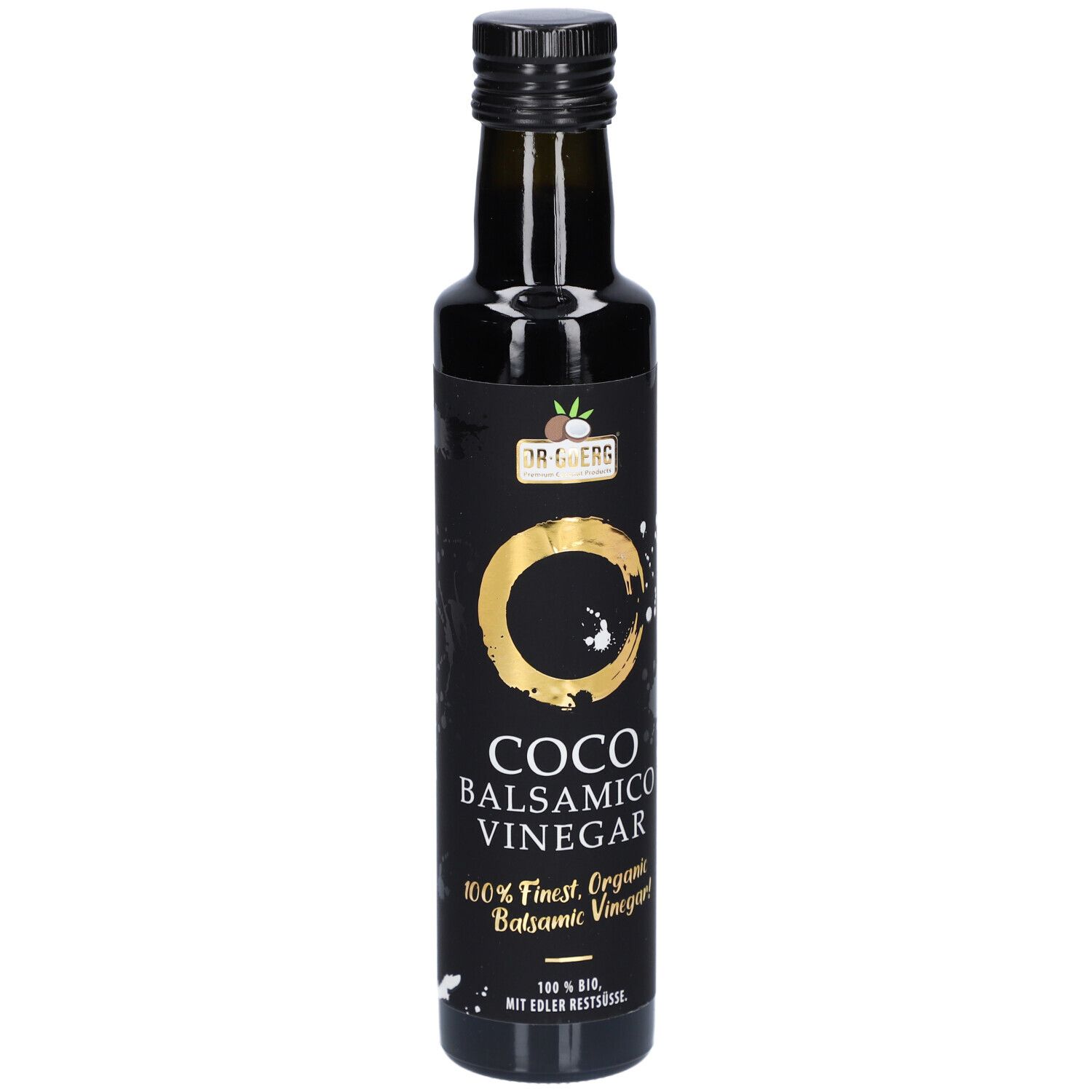 Dunkle Glasflasche mit schwarzem Etikett. Aufschrift: Coco Balsamico Vinegar. Goldener Kreis.