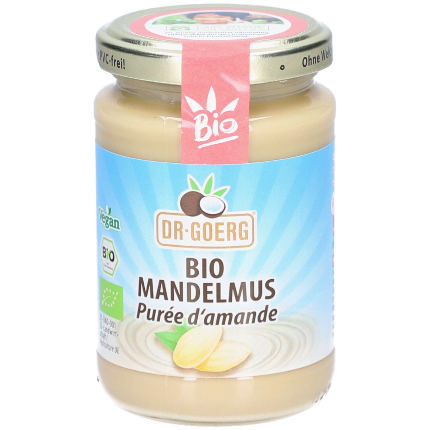 Glas mit Bio-Mandelmus. Aufkleber mit Produktnamen und Bio-Siegel. Deckel mit Aufschrift.