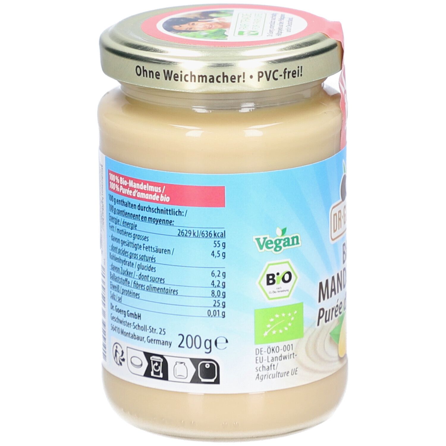 Rückseite des Glases mit Bio-Mandelmus. Nährwertangaben und Bio-Siegel. 200g.