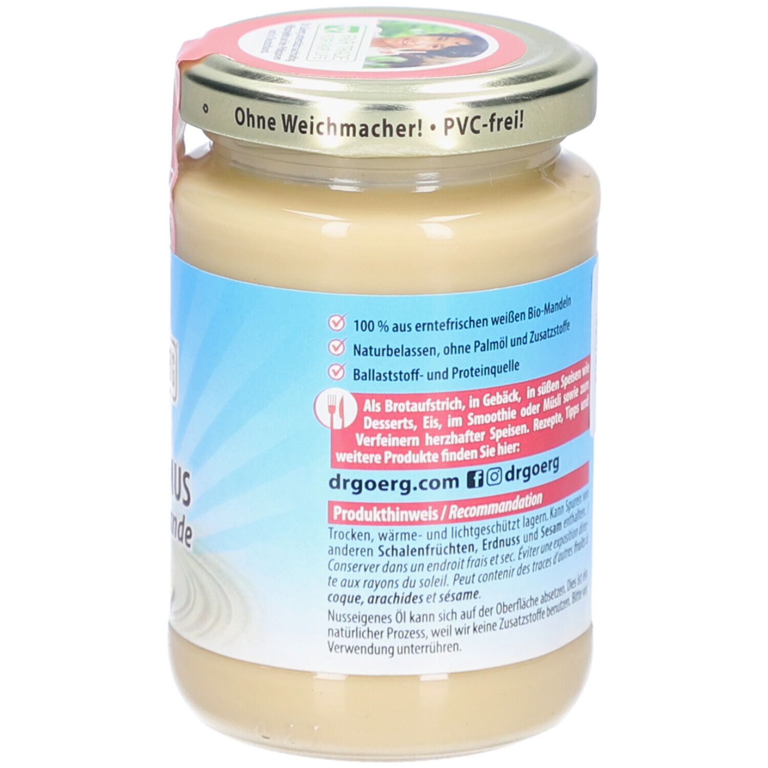 Rückseite des Glases mit Bio-Mandelmus. Text über Inhaltsstoffe und Empfehlungen.