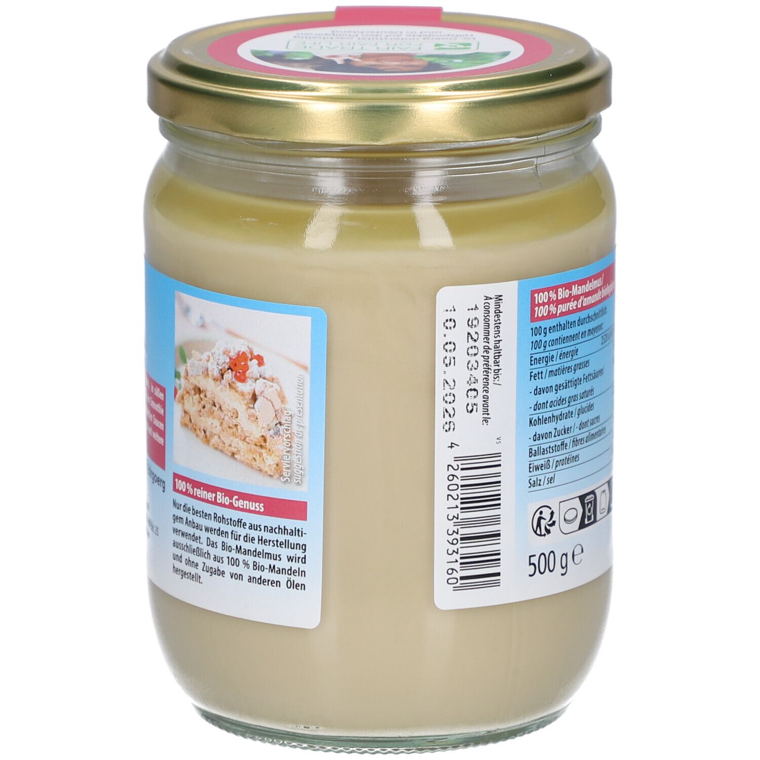 Rückseite des Glases mit Mandelmus. Aufschrift: 100% Bio-Genuss, Mindesthaltbarkeitsdatum, Nährwertangaben. 500g.