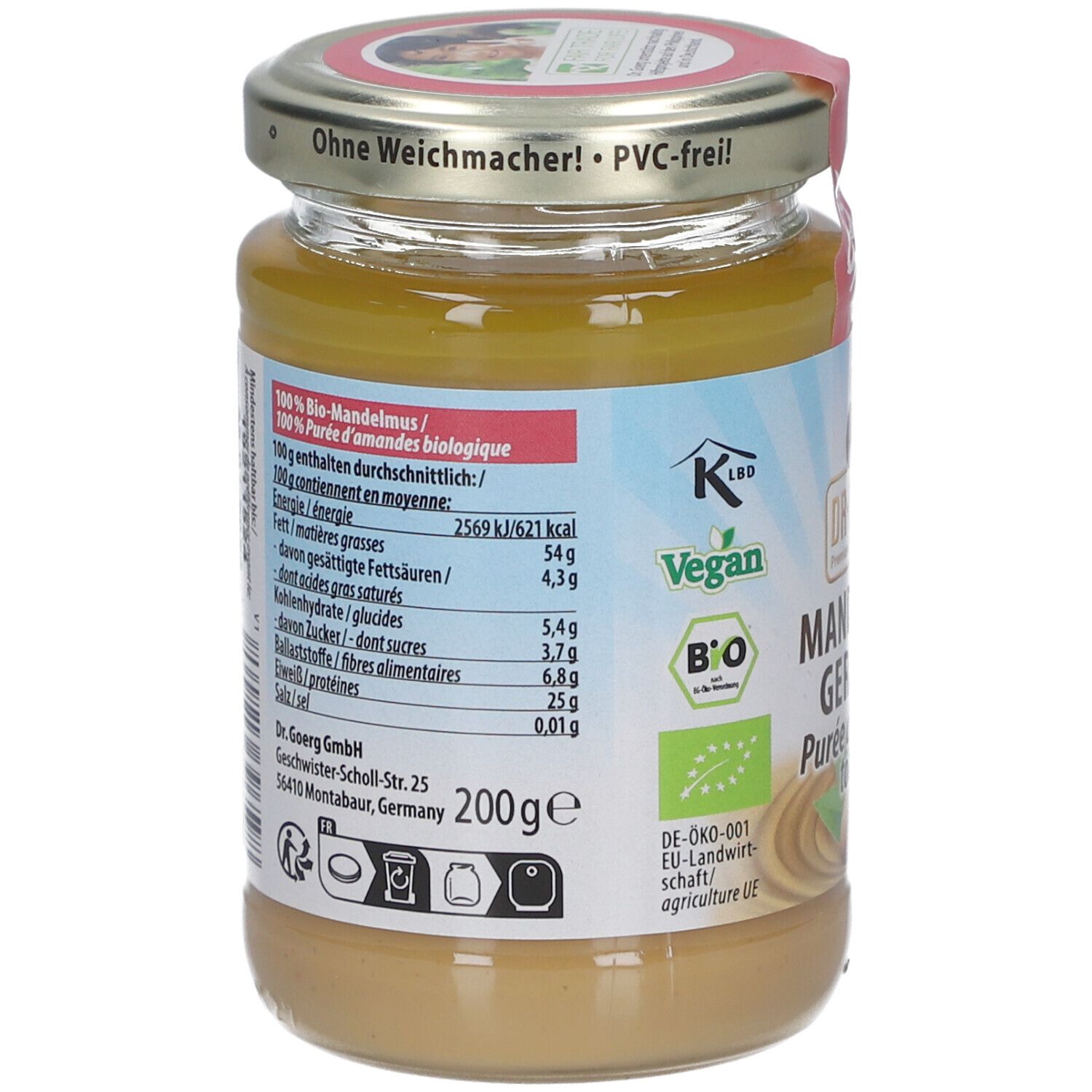 Rückseite des Glases mit Nährwertangaben und Inhaltsstoffen. Bio- und Vegan-Siegel. 200g. Herstelleradresse.