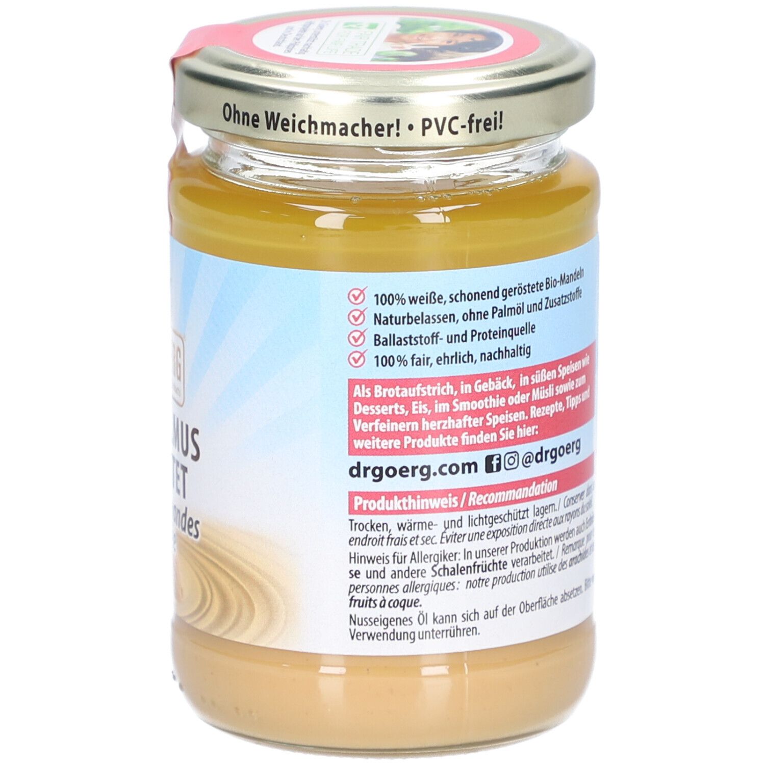 Rückseite des Glases mit Produktinformationen. Aufschrift 'Ohne Weichmacher! PVC-frei'.
