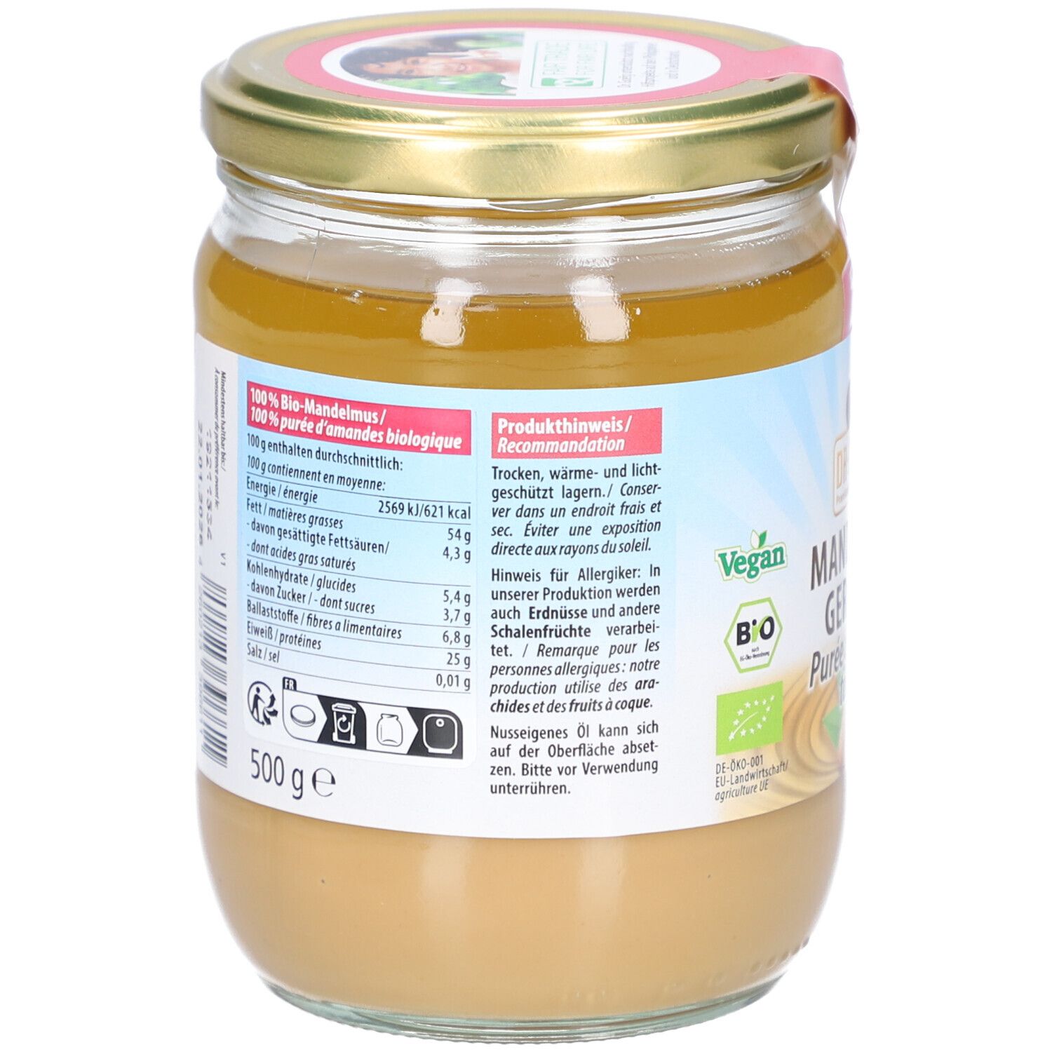 Rückseite des Glases mit Nährwertangaben und Empfehlungen. Vegan- und Bio-Siegel. Inhalt: 500 g.