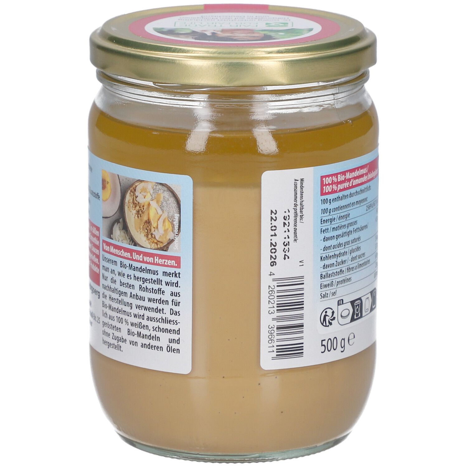 Rückseite des Glases mit Text und Haltbarkeitsdatum. Inhalt: 500 g. Bio-Siegel. Barcode.