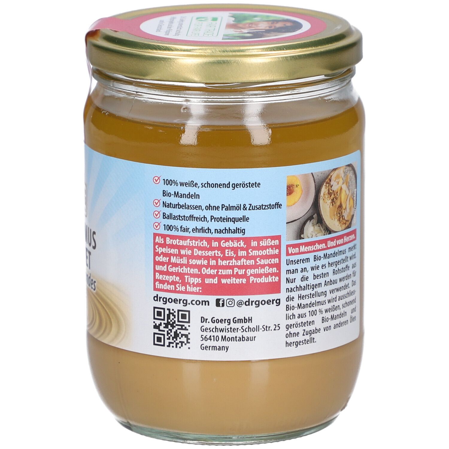 Rückseite des Glases mit Text. Bio-Siegel. Aufschrift: Dr. Goerg GmbH. Vegan.