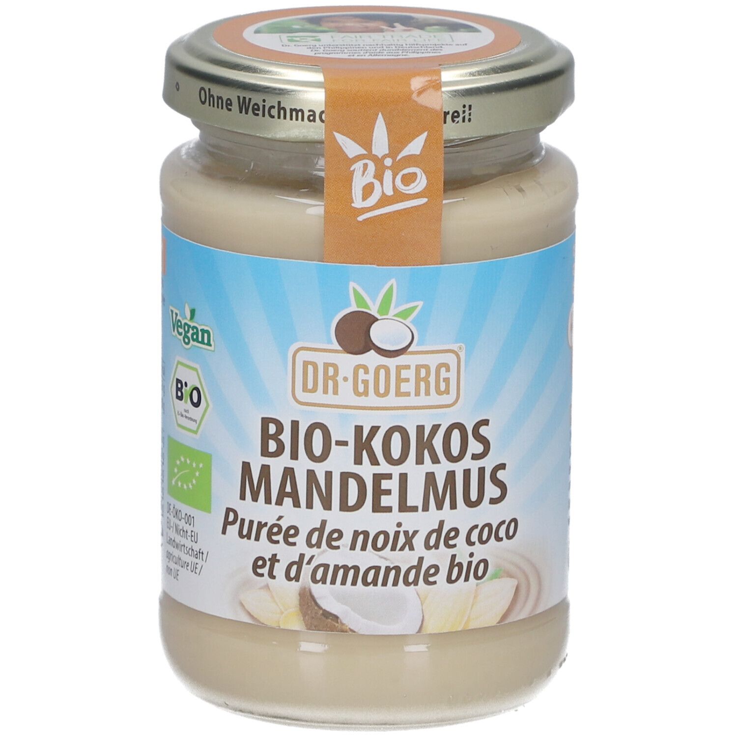 Glas mit Bio-Kokos-Mandelmus. Etikett mit Produktname, Bio-Siegel und Vegan-Logo. Deckel mit Aufschrift.