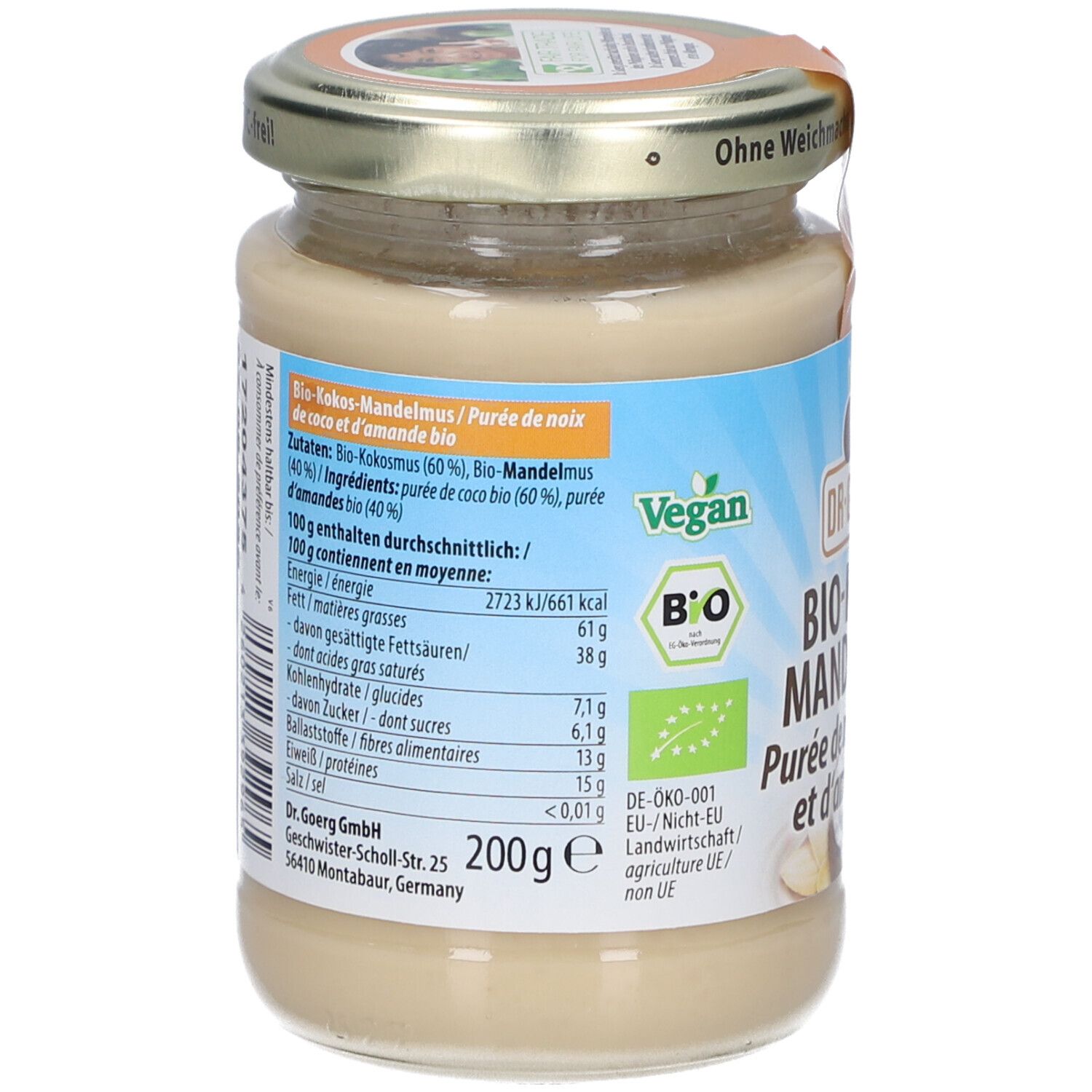 Rückseite des Glases mit Bio-Kokos-Mandelmus. Nährwertangaben, Zutatenliste und Bio-Siegel. Vegan-Logo.