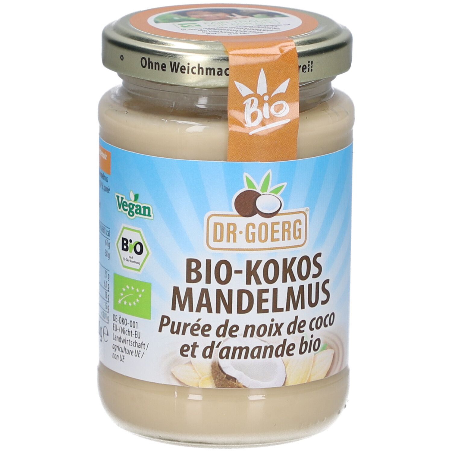 Glas mit Bio-Kokos-Mandelmus. Etikett mit Produktname, Bio-Siegel und Vegan-Logo. Deckel mit Aufschrift.