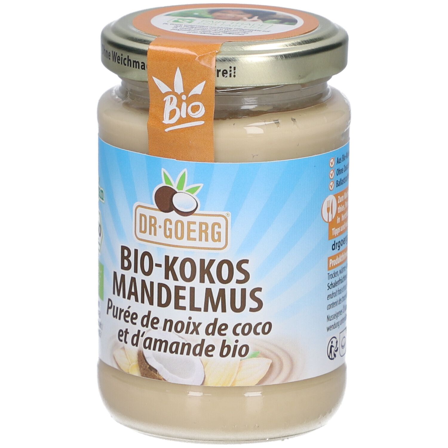 Glas mit Bio-Kokos-Mandelmus. Etikett mit Produktname, Bio-Siegel und Vegan-Logo. Deckel mit Aufschrift.