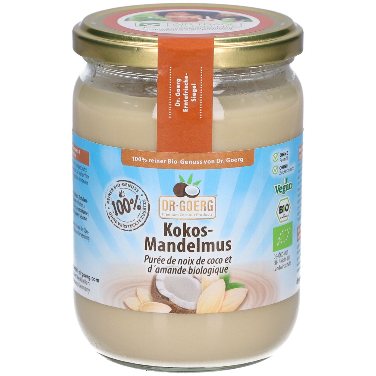 Glas mit Kokos-Mandelmus. Etikett mit Produktinformationen und Logo. Deckel goldfarben, Siegel. Bio-Zertifizierung.